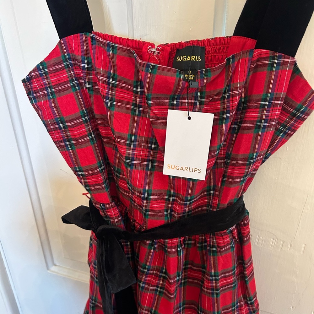 SUGARLIPS ELEGANCE DEFINED 100% COTTON RED PLAID TIERED MIDI DRESS - Picture 11 of 17